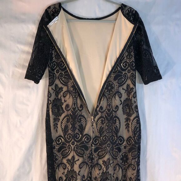 Sandra Darren Black Lace Overlay Tan Lining 3/4 Length Sleeves Sheath Dress 10 - Picture 4 of 7